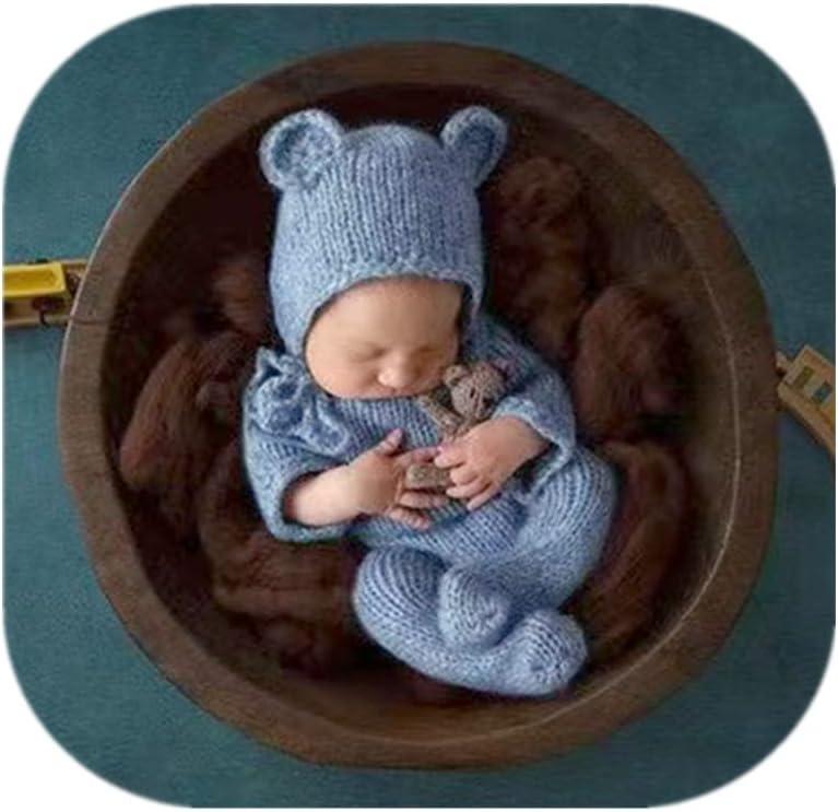Vemonllas Newborn Photography Props Boys Girls Outfits Mohair Bear Hat Bonnet & Footed Romper Bodysuit Photoshoot Costume Set (Light Blue)