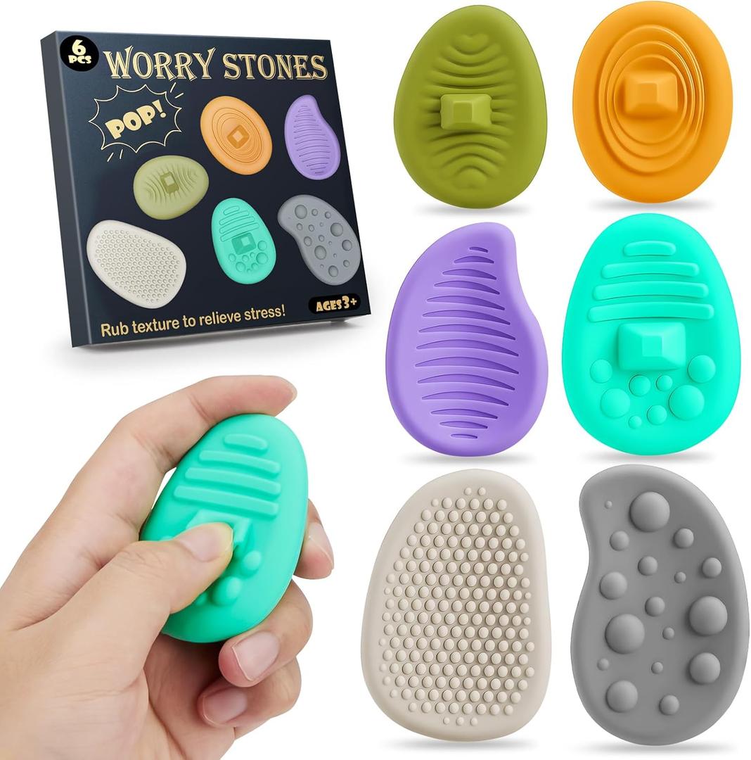 Fidget Toys Worry Stones for Anxiety:6 Pack Sensory Toys for Stress-Silent Fidget Stones-Autism Special Needs Stress Relief Silicone Pressure Relieving-Classroom Prizes-Pop it Party Favors for Kids