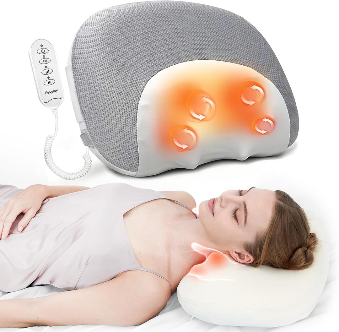 Heyelax Shiatsu Neck Massager for Pain Relief Deep Tissue Before Sleep, Cervical Neck Pillow, Cordless & Memory Foam Pillows with Heat,Gifts for Mom, Dad, Women, Men (Gray with Wired Controller) (Grey)