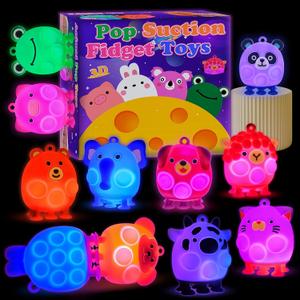 Valentines Day Gifts for Kids, 12 PCS Light Up Animal Suction Pop Fidget Toys, Christmas Gifts for Kids, Party Favors, Carnival Prizes, Light Up Toddler Toys