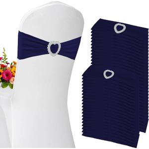 100PCS Spandex Stretch Navy Blue Chair Sashes Bows Universal Elastic Chair Cover Bands Ties with Buckle Slider for Wedding Party Ceremony Reception Event Banquet Decoration(Navy Blue)