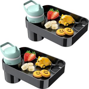 [2 Pack] Car Seat Snack Tray for Toddlers - 3 Inch Cup Holder Fits Most Sippy Cups & Straw Bottles with Dip Well, Mess-Free Square Kids Travel Tray Road Trip Essentials, Black, 2