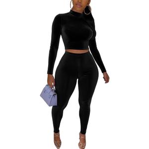 CLOCOR 2 Piece Outfits for Women Bodycon Long Sleeve High Neck Tracksuit Lounge Velour Legging Pants Jogger Set (Large, Black)