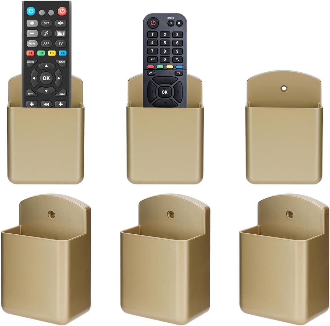 6 Pack Remote Control Holder Wall Mount Media Controller Organizer Self Adhesive TV Remote Storage Box Wall Pen Holder for Bedroom Headboard Home Office School (Gold)