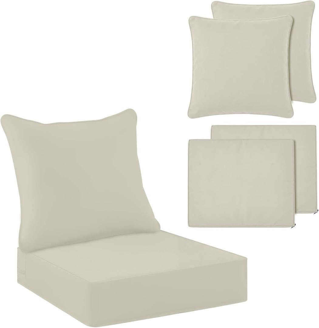 Tingjoo 2 Set 24x24x4 Inch Outdoor Chair Cushions Covers, Waterproof UV Resistant Patio Cushion Replacement Seat Slipcovers, and 24 x 20 Back Covers with Zipper for Furniture, Deep Seat Sofa (Beige)