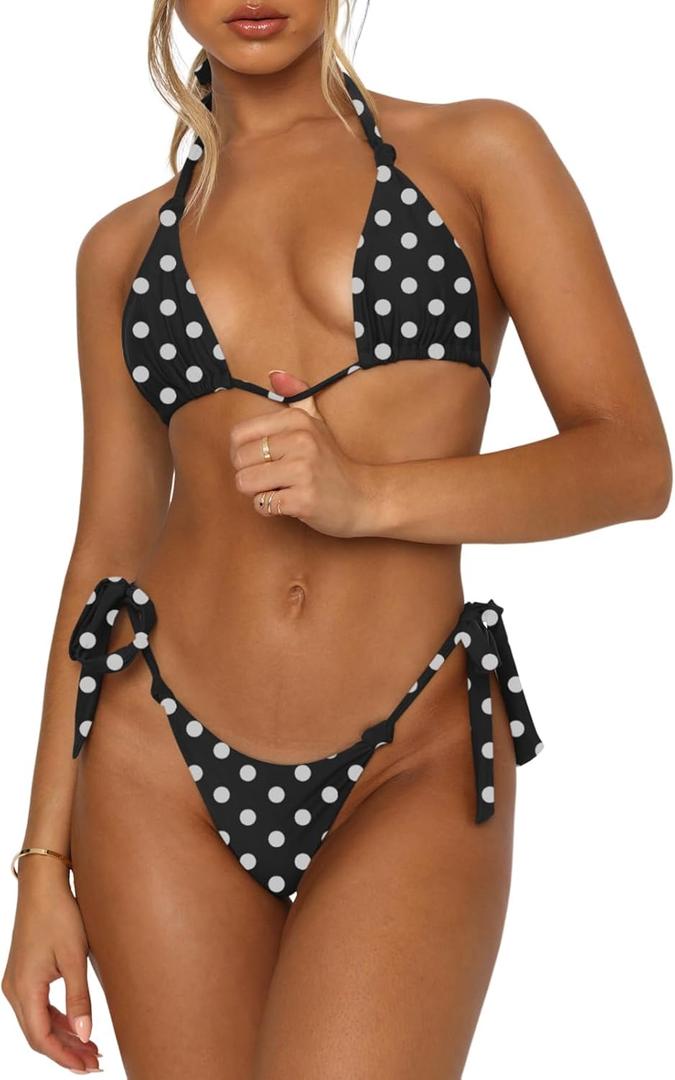 Women's Bikini Sets Bathing Suits Two Piece Swimsuits Sexy Triangle Halter Bikinis Top (White Polka Dot) XL