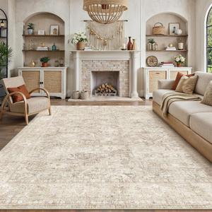 7x9 Beige Washable Area Rug for Living Room Bedroom Neutral Soft Non Slip Rug Low Pile Vintage Distressed Carpet for Dining Room Nursery Office Indoor