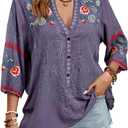 Mexican Shirts Peasant Blouses Cotton Embroidered 3/4 Sleeve Summer V Neck Tunic Bohemian Tops Boho Clothes for Women (Medium, Grey)