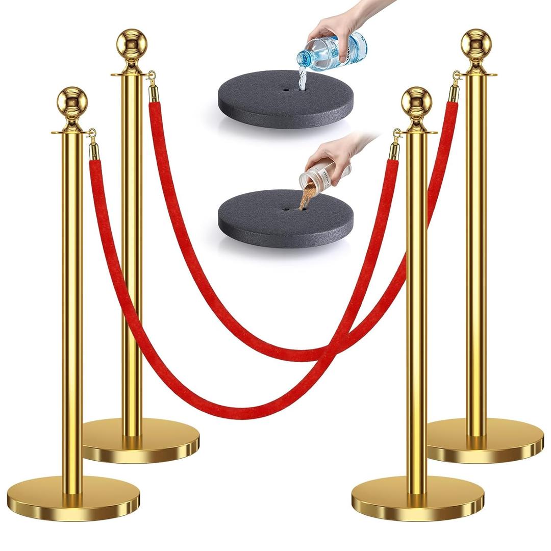 kaiyomi 4Pcs Stanchions with Red Velvet Ropes Set, 5 Feet Velvet Ropes and Posts Poles for Red Carpet Party Decoration and 360 Photo Booth (Golden)