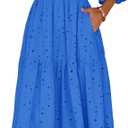 Lazysmile Long Sleeve Dresses For Women V Neck Hollow Out Eyelet Ruffle Swing A-Line Fall Vacation Boho Maxi Dress, Size L