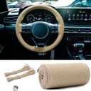 Leather Steering Wheel Cover, Stitch on Wrap, Breathable Anti-Slip Car Steering Wheel Protector, DIY Sewing with Needle Thread,15 Inch (Beige, Hole)
