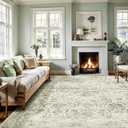 Vintage Living Room Area Rug 5x7 for Dining Room, Washable Distressed Farmhouse Soft Thin Non-Shedding Indoor Throw Rug, Traditional Accent Floral Print Beige Green Carpet for Bedroom Kitchen Office