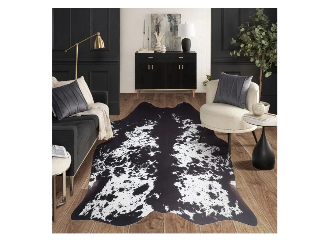 Faux Cowhide Rug 4.6x5.2ft Cow Print Cow Hide Rugs Small Premium Area Carpet Animal Print Rug Western Room Decor for Living Room Bedroom (Black&White)