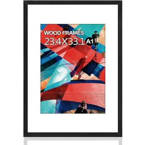 A1 Poster Frame, 23.4x33.1 Natural Solid Wood Black Picture Frames with Polished Plexiglass, Easy to Hang, Display Picture A1 without Mat or A2 with Mat for Wall Mounting Horizontally and Vertically