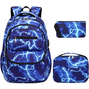 Bevalsa Backpack for Boys, Lightning School Bags with Lunch Bag & Pen Case for Kids, Bookbag for Boys Girls Teens