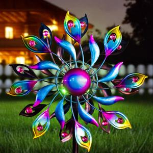 360Peacock Solar Wind Spinner with Lights Blue Metal Garden Outdoor Decor Yard Lawn Art Decor for Patio Kinetic Windmills Unique Gifts for Friends and Family 51.9' H x 12.2'' Dia