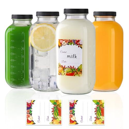 Alotpower 32oz Glass Juice Bottles with Lids 3Pack, Square Empty Juicing Bottles Reusable Glass for Beverages, Jams, Kombucha, Milkshakes,Oils(32fl.oz,Set of 3