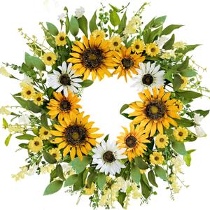 zjlmit Spring Wreath 20 Inch Artificial Summer Wreath Spring Wreaths for Front Door Made of Silk Material with Sunflowers Daisy Flowers and Green Leaves for Windows Cabinets and Walls