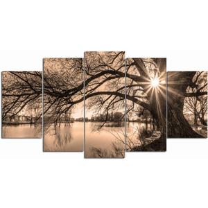 Nachic Wall Large 5 Piece Canvas Wall Art Tree By Lake at Sunset Picture Canvas Prints Vintage Sepia Landscape Photo Painting for Home Office Decor