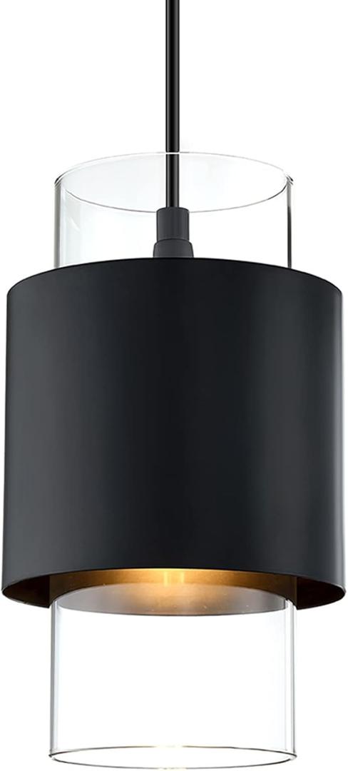 1 Light Hanging Indoor Kitchen Island Pendant Light 6" Drum Glass Shade Pendant Ceiling Light Fixtures Modern Farmhouse Dinning Over Sink (Black Finish, 1 Pack)
