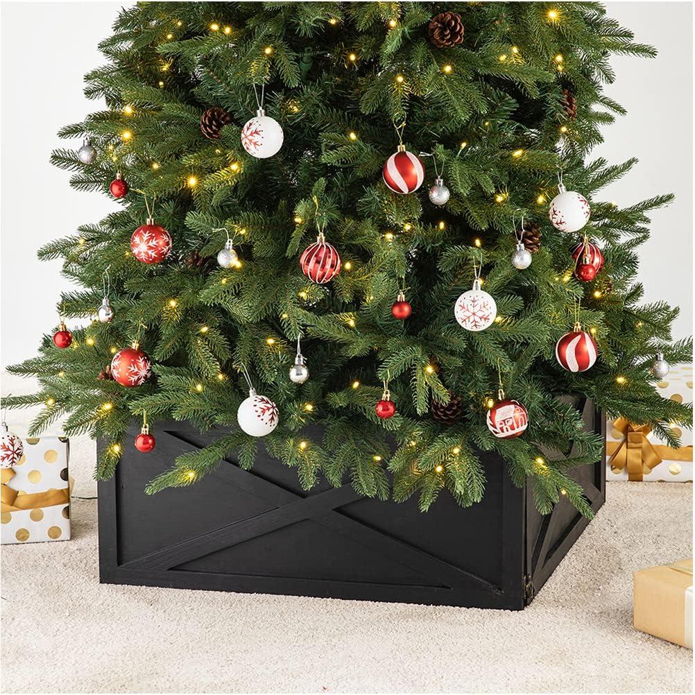 Glitzhome Washed Black Wooden Tree Collar Tree Stand Cover Christmas Tree Skirt Collar for 9ft Tree, 26" L X 26" W