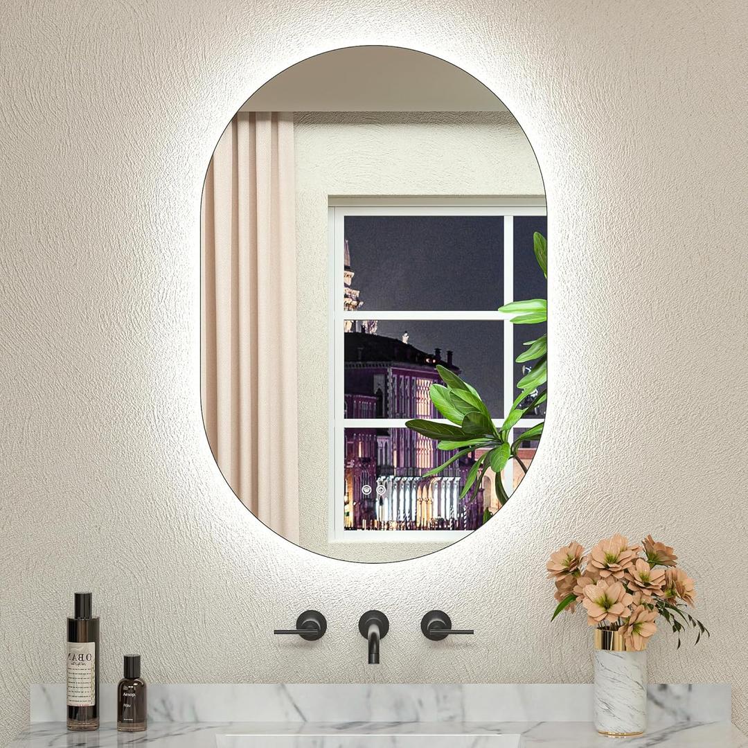 TETOTE 24 x 36 Inch Oval LED Mirror Backlit Mirror Bathroom Pill-Shaped 3 Colors Warm/White/Natraul Lighted Vanity Mirror with Lights Pill Type Anti-Fog Dimmable Wall Mounted Vertically & Horizontally