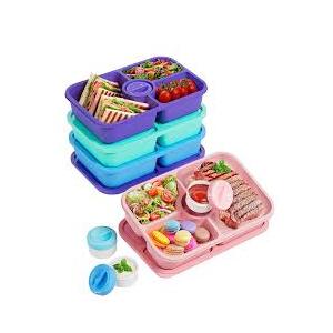4 Pcs Bento Snack Box Containers, 4 Compartment Divided Stackable Food Storage Containers with Lids, Meal Prep Lunch Container with 4 Sauce Cups