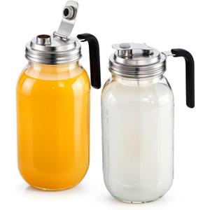 Baderke 2 Pcs Glass Mouth Mason Jars Pitcher with Stainless Steel Pour Spout Lid Leaking Proof Wide Mouth Mason Jars for Drinks Iced Coffee Milk Sun Tea Lemonade Juice(64 oz)
