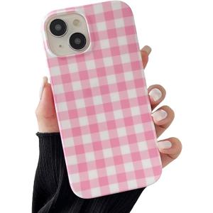 YUANLI Compatible with iPhone 14 Pro Case Plaid Lattice Checkered Gingham Phone Case for Women Girl Soft TPU Shockproof Protection Cover - Pink