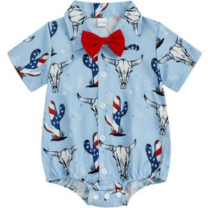 Baby Boy 4th of July Outfit American Flag/Popsicle/Cactus Dress Shirt Bodysuit Lapel Button Short Sleeve Romper (3-6 Months, Light Blue)