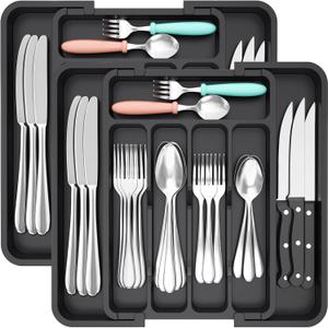 Lifewit Silverware Drawer Organizer, Expandable BPA Free Utensil Tray for Kitchen, Adjustable Flatware and Cutlery Holder for Spoons Forks Knives, Plastic Kitchen Organizers and Storage, Black (Medium(8.9-14.7''W x 12.2''D))
