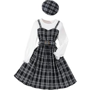 Hilinker Girls Plaid Ruffle Long Sleeve Dress Ribbed Belted Pleated Dresses with Hat, 11-12Y