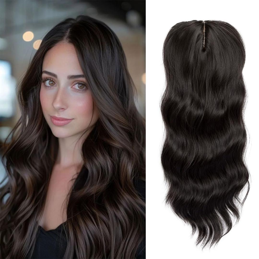 Lace Front Hair Body Wavy Topper Big Base Cover Thinning/White Hair Clip in Toppers Fiber Wiglets with Fringe (Brown Black)