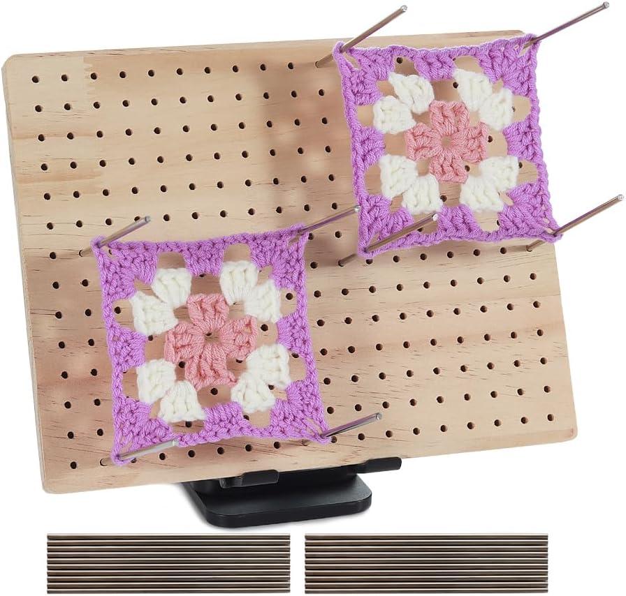 9.8 x7.7 inches Crochet Blocking Board with Pegs, Wooden Blocking Boards for Granny Square Projects, 20 Pcs Stainless Steel Rods