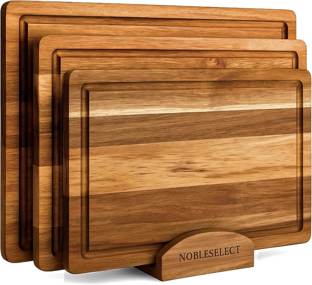 Acacia Wood Cutting Board Set of 3 | Non-Toxic Cutting Boards with Wooden Holder, Non-Slip Silicone Pads, Deep Juice Grooves & Handles | Ideal for Meat, Veggies & Charcuterie  Elegant Kitchen Gift (Reddish Brown)