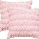 AVOIN colorlife Happy Mother's Day Love Heart Throw Pillow Cover Set of 2, 18 x 18 Inch Pink Soft Plush Faux Fur Jacquard Cushion Case Decoration for Sofa Couch