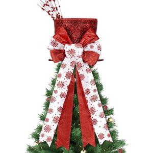 Poen Christmas Tree Topper Hat Shiny Sequins Top Hat with Bow Lengthened Ribbon Tree Topper Santa Christmas Decorations for Xmas Gift Ideas Holiday Winter Party Ornament Supplies (Red)