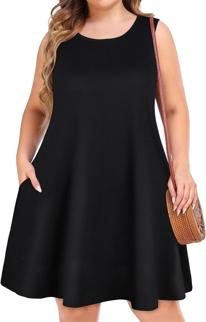 elescat Plus Size Summer Dresses for Women Sleeveless Pockets Beach Tshirt Tank Sundress (XX-Large, 00-solid Black)
