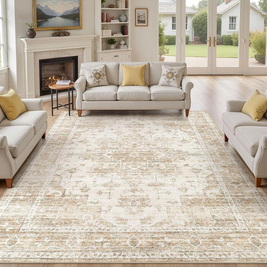 Washable Area Rugs 9x12, Soft Large 9x12 Rugs for Living Room Non-Slip Vintage Beige Indoor Carpet Stain Resistant Rugs for Dining Room Bedroom Nursery Kid & Pet Friendly