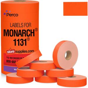 Perco Fluorescent Red Pricing Labels for Monarch 1131 Price Gun - 1 Sleeve, 8 Rolls, 20,000 Price Marking Labels - with Ink Roll Included