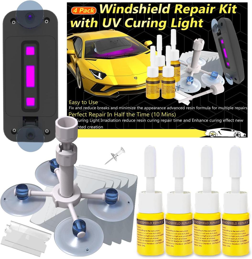 CLAMPER Windshield Repair Kit, Windshield Crack Repair Kit 4 Pcs, Windscreen Repair Kit with Enhanced Injection Head Suction Cup UV Curing Light, Windshield Chip Repair Kit for Bulls-Eye (Yellow)