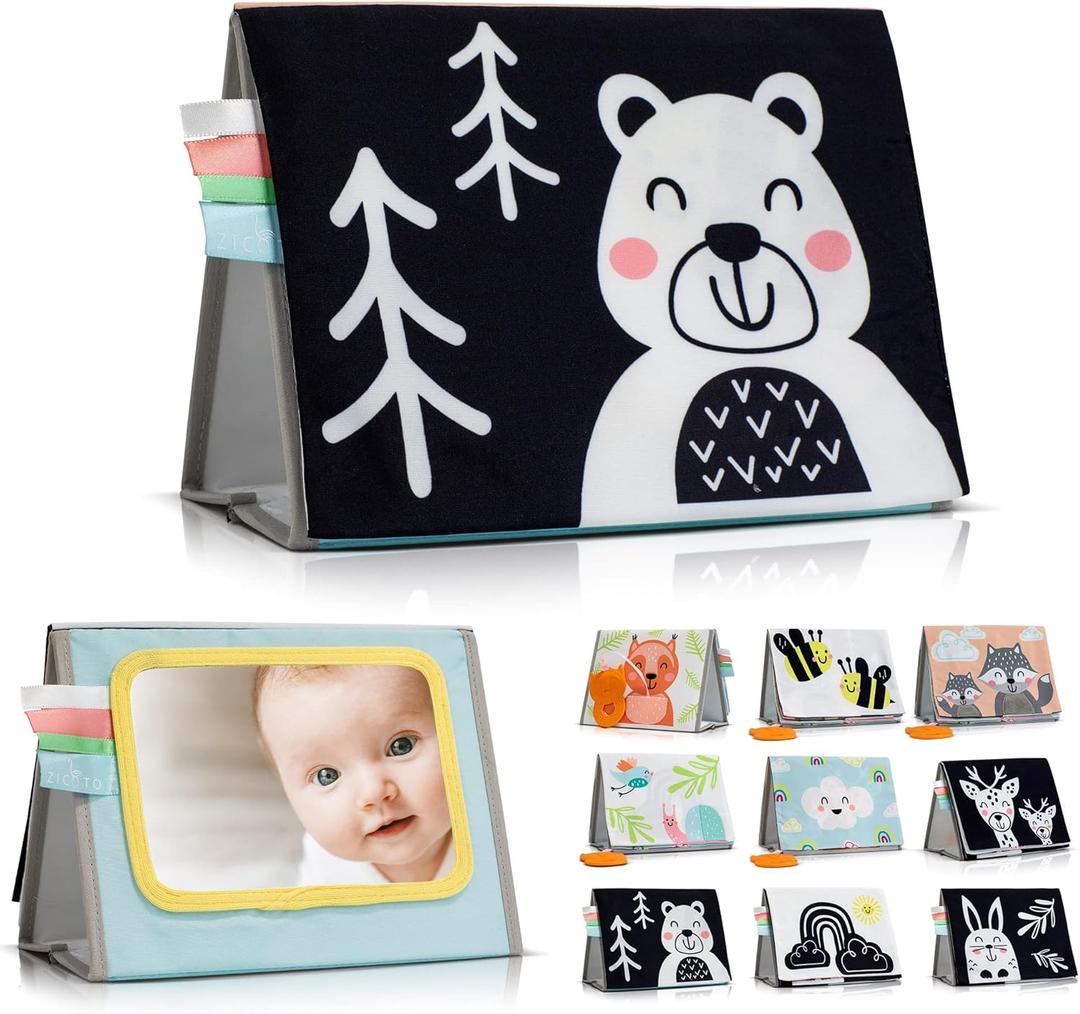 ZICOTO Soft Tummy Time Book with Large Stimulating Baby Safe Mirror - High Contrast Montessori Sensory Developmental Toy for Newborn/Infant 0-3 & 3-6 Months