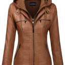 Tanming Womens Faux Leather Jacket Hooded Moto Biker Coat Outerwear Fall Fashion Outfits Winter Clothes (Large, Lightbrown)
