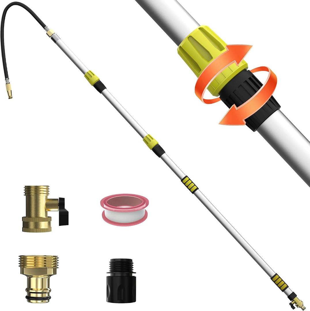 24FT Reach 8-18FT Telescopic Pole Gutter Cleaning Tools from Ground, Up to 24FT Reach, Flexible Wand, Adjustable Flow for Garden, Roof Gutters, Leaves & Debris Removal, 8-15FT