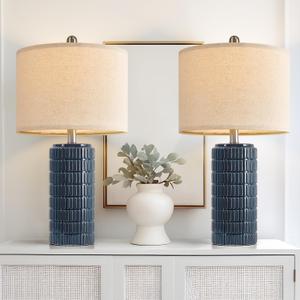 PoKat 23" Blue Table Lamps, Farmhouse Bedside Lamps for Bedroom Set of 2, Ceramic End Table Lamps for Living Room, Traditional Nightstand Desk Lamps, Medium