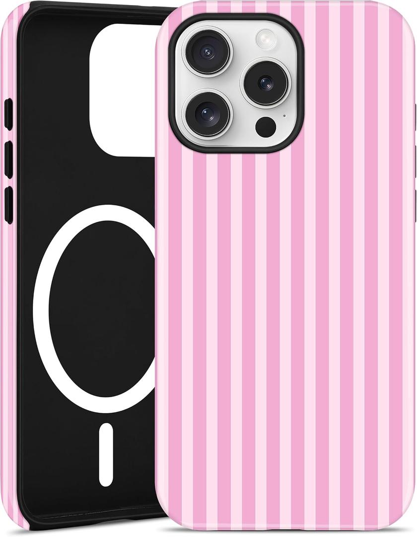 Magnetic Striped Phone Case for iPhone 17 Pro, Compatible with MagSafe, Cute Pink Aesthetic Stripe Soft TPU and Hard PC Shockproof Protective Phone Cover for Women Girls
