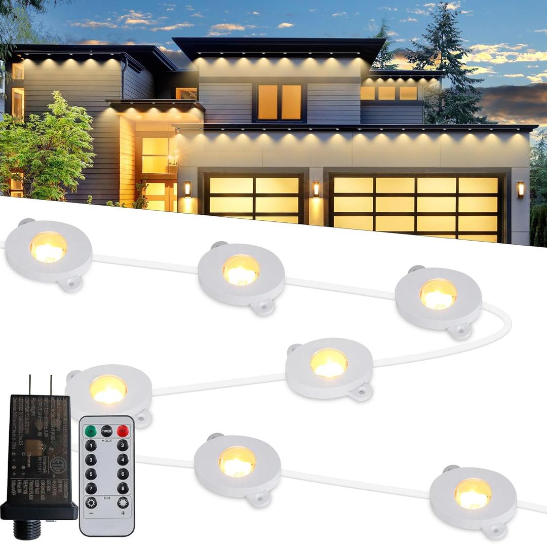 MERRIMAX M Permanent Christmas Outdoor Lights,50ft 36LED Eaves Lights with Remote,8 Modes Waterproof Outdoor Eave Connectable Christmas String Lights for Indoor Party (Warm White)