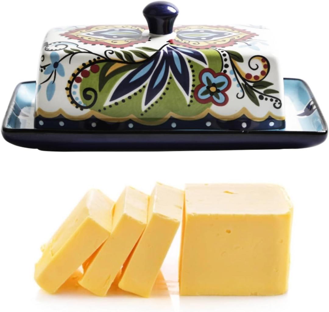 Ceramic Butter Dish with Lid Bohemia Hand Drawn Butter Plate Tray with Cover for Cheese Vintage Cheese Container Holder European-Style Butter Keeper for Home Kitchen 7.9 x 4.5 x 3.1 Inches (1)