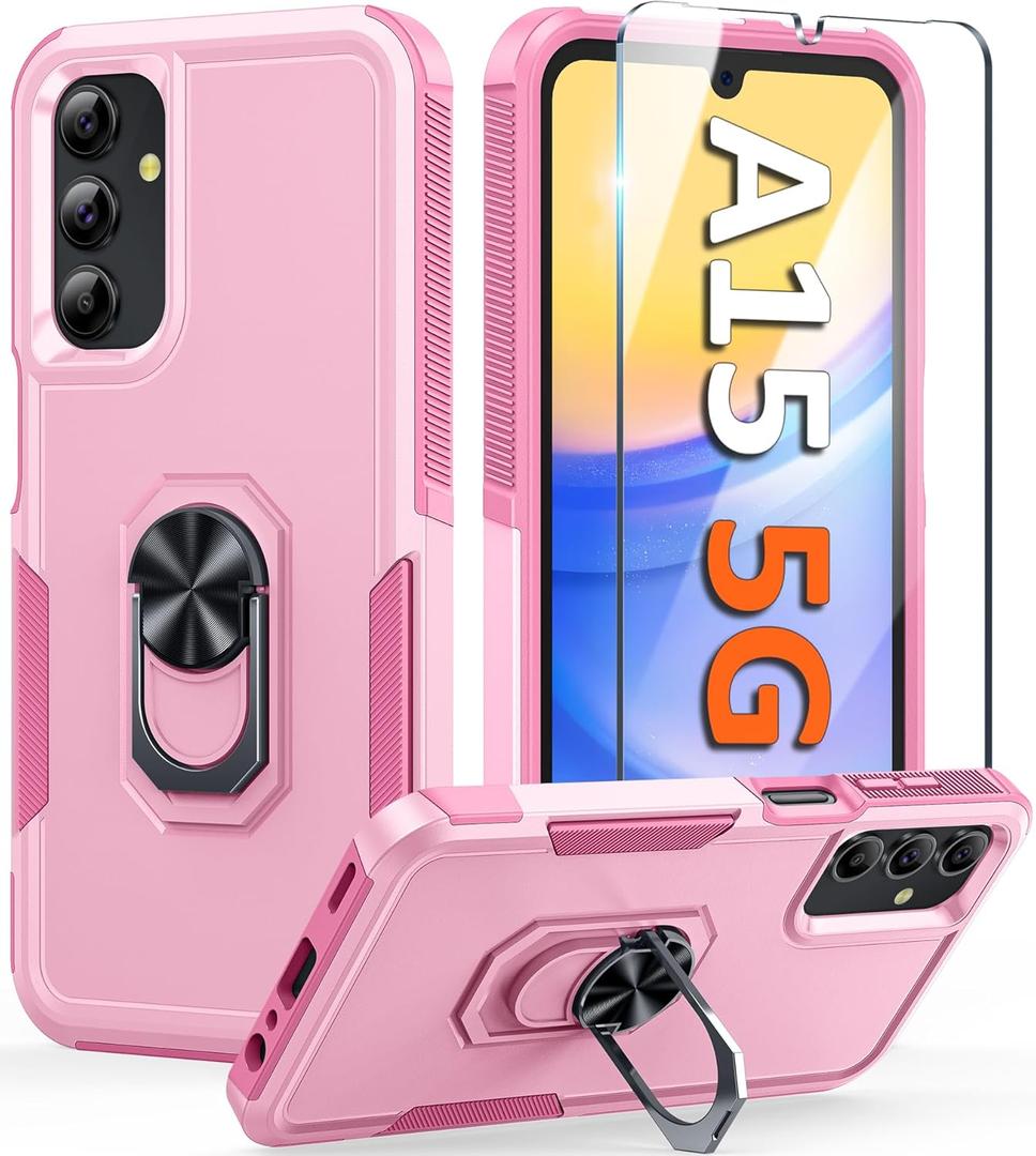 FNTCASE for Samsung Galaxy A15-5G Case: Dual Layer Shockproof Protective Cell Phone Cover with Magnetic Kickstand | Military Grade Drop Proof Protection | Hybrid Matte Textured Rugged Hard Phonecase (Rose Pink)