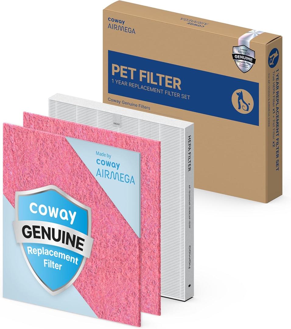 COWAY AP-1512HH & 200M Air Purifier Filter Replacement, Pet Filter Pack, 2 Pet Deodorization Filters and 1 True HEPA Filter, 1 Pack, Pink